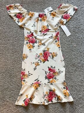 Almost Famous Cream Floral Off-Shoulder Midi Dress with Ruffle Hem